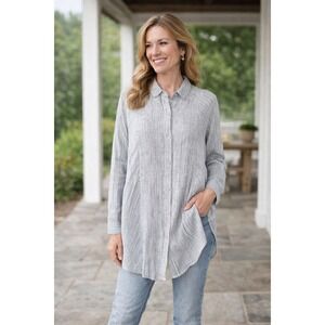 Artisan NY Linen Tunic Top Women M Blue Striped Longline Scandinavian Chic Flowy